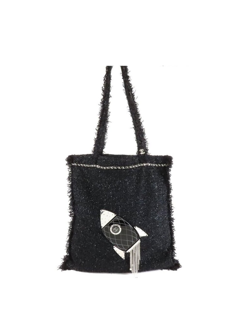 Chanel Tote Black Tweed Leather Locket Chain Shoulder Bag